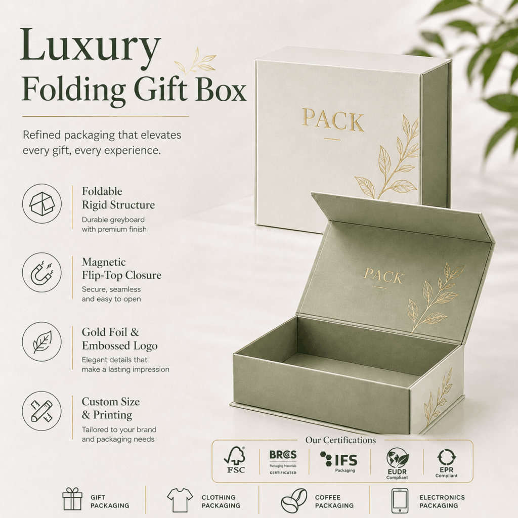 Custom luxury folding gift box with gold foil logo and eco-friendly rigid paperboard packaging