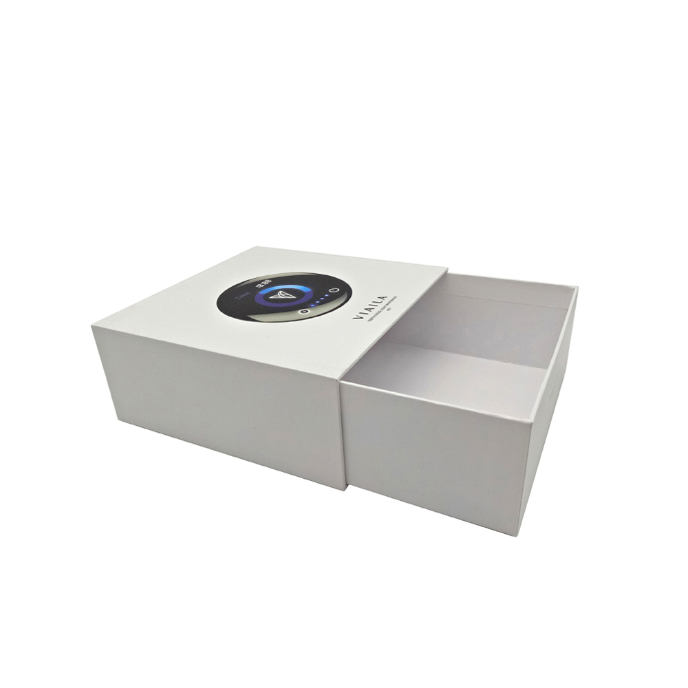 High-end rigid paperboard packaging box with embossing, foil stamping, and custom brand printing for cosmetic and jewelry products