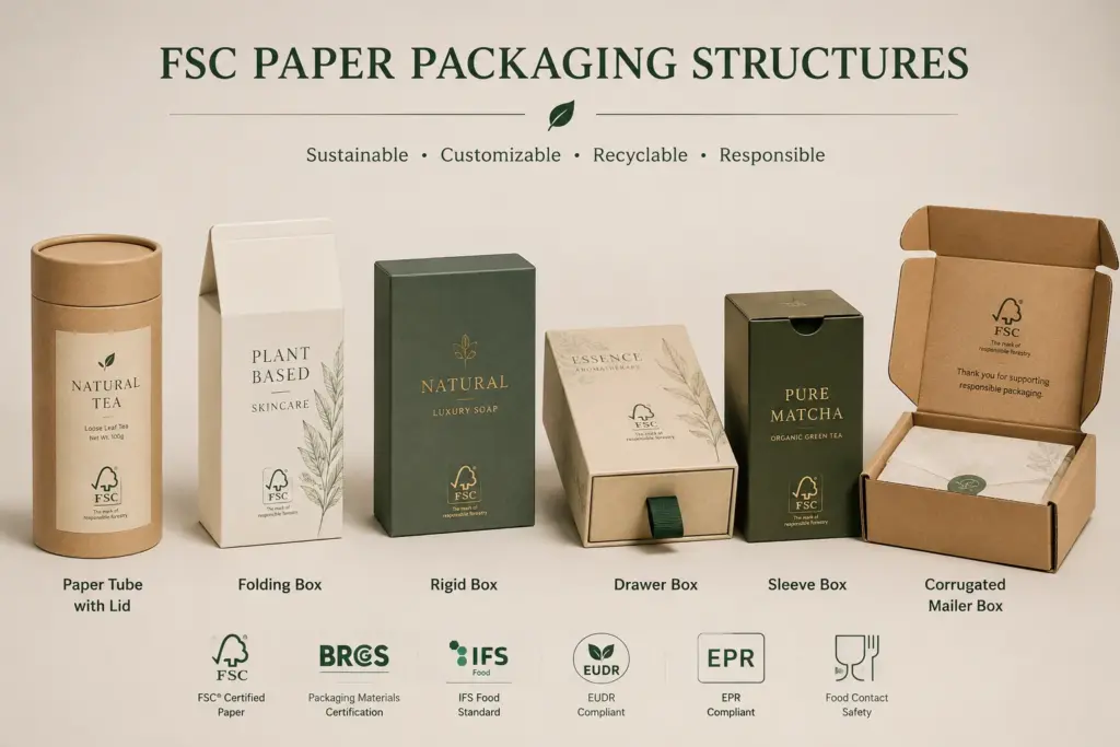 FSC BRC IFS Food EUDR EPR e suporte à segurança de contato com alimentos para embalagens de papel