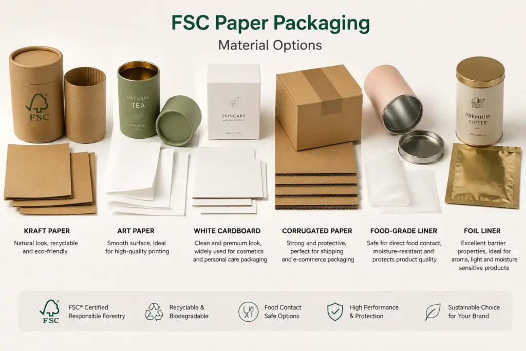 Opções de materiais de embalagem de papel FSC para marcas de alimentos, cosméticos e varejo