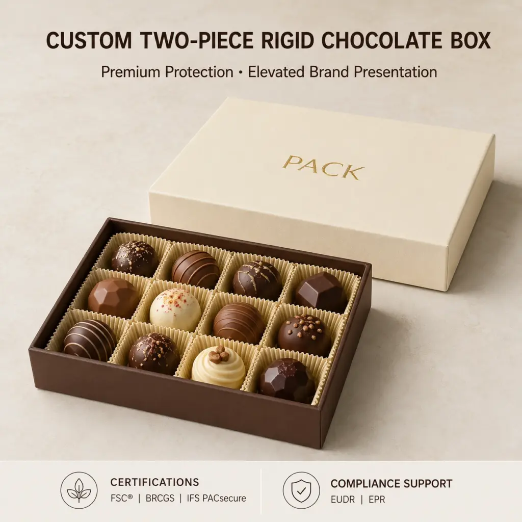 Two piece rigid box manufacturer for OEM chocolate packaging