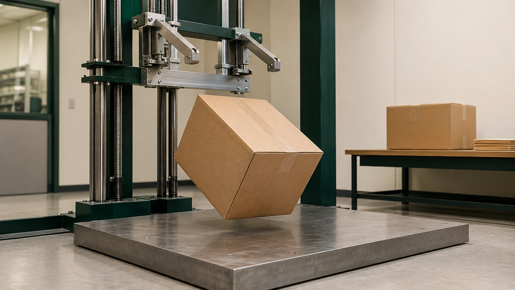 Controlled free fall drop test of a loaded corrugated box