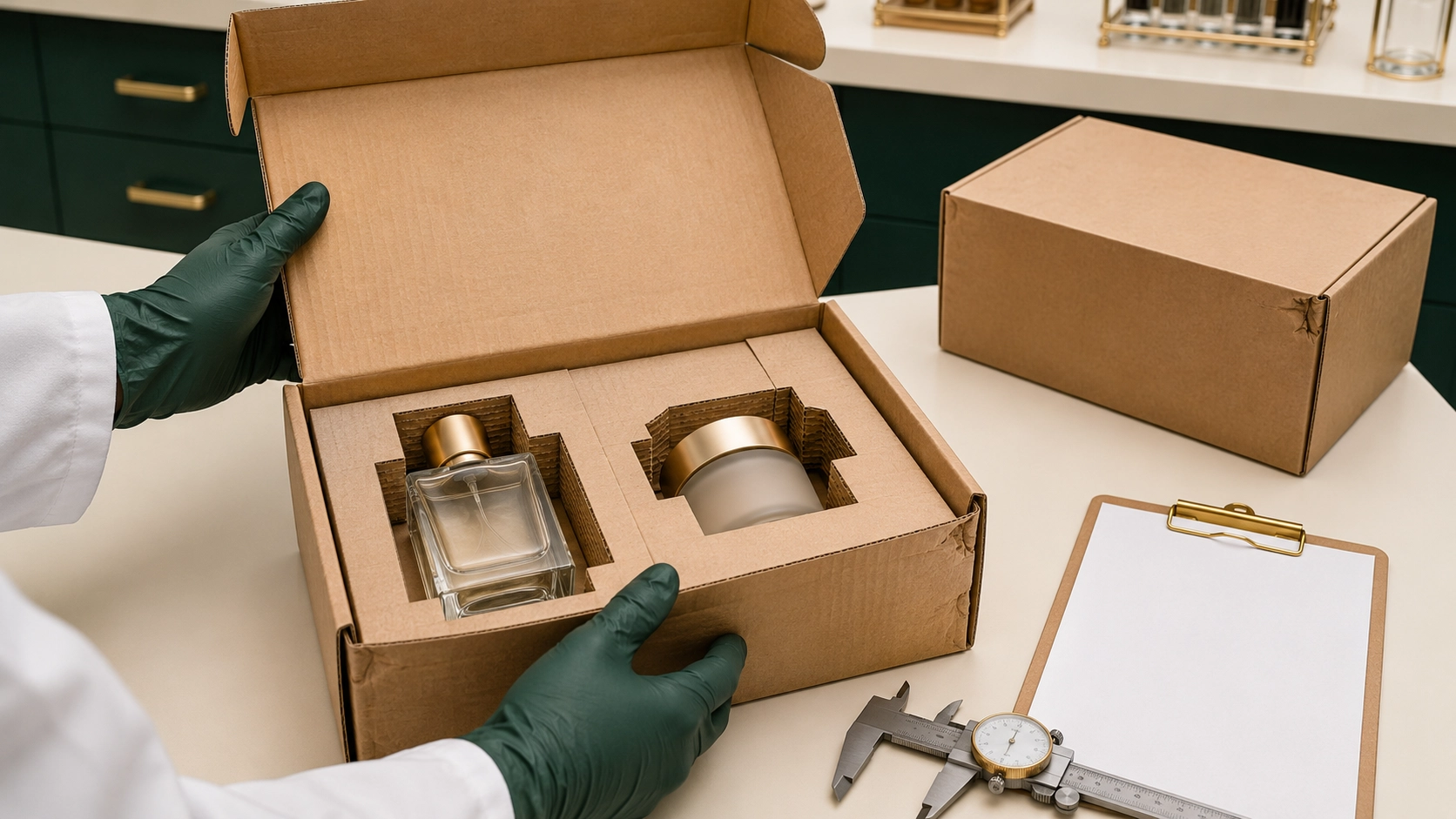 Inspección posterior a la prueba de cajas de cartón corrugado e inserciones protectoras.