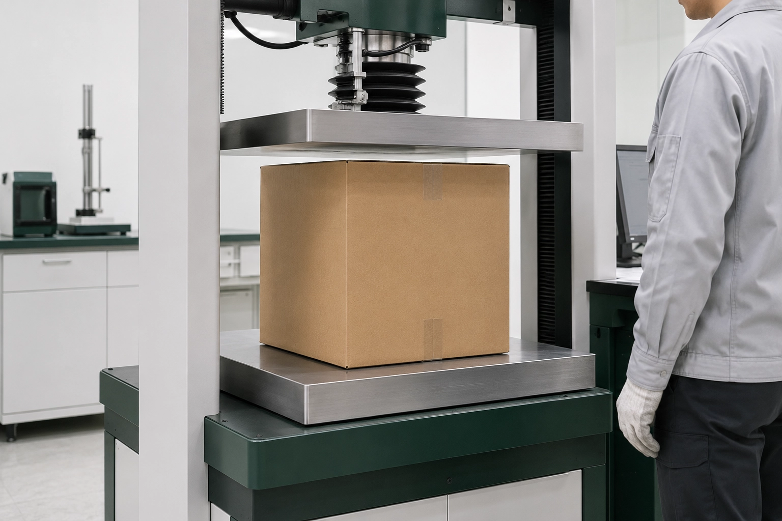 Corrugated box compression test for warehouse stacking loads