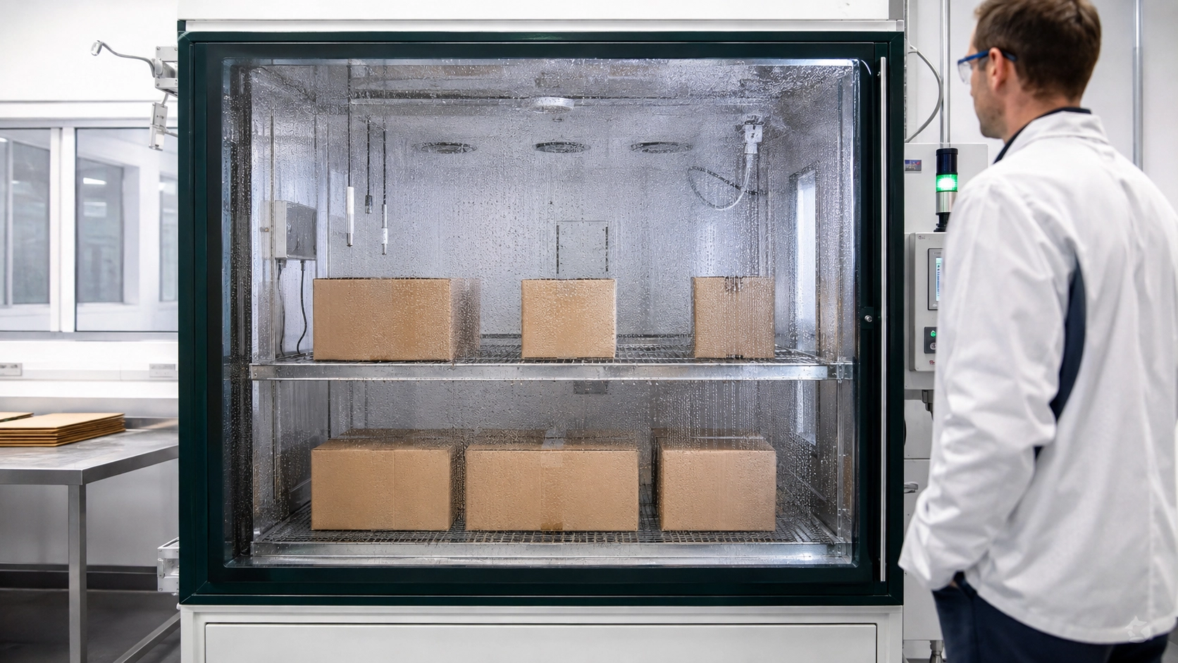 Corrugated boxes in a controlled humidity conditioning chamber