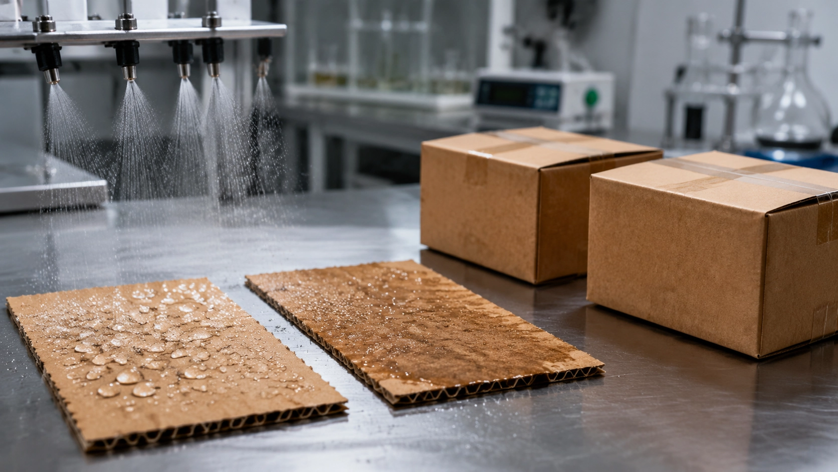 Water spray test on treated and untreated corrugated board