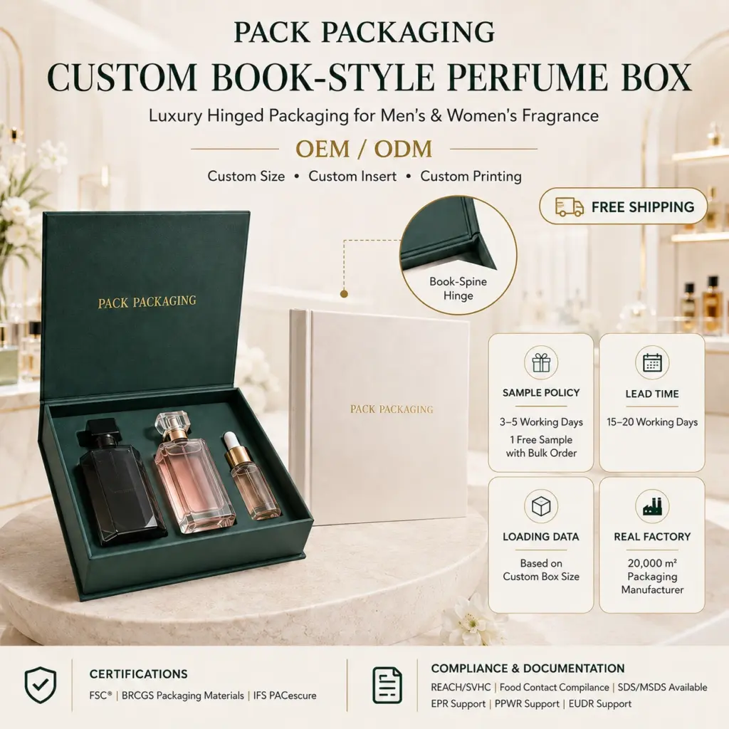 custom book style rigid boxes for perfume with gold foil logo and embossed cover
