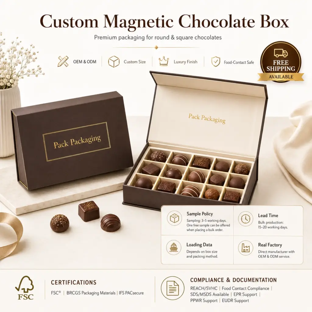 custom magnetic chocolate boxes with gold foil logo and embossed lid
