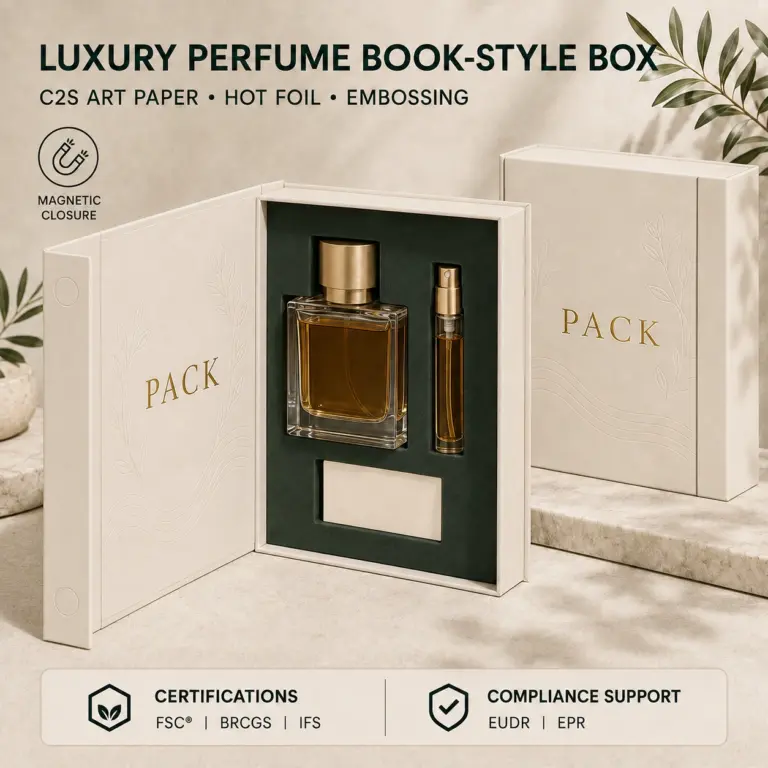 Custom Corrugated Perfume Boxes – Luxury Book-Style with Foil & Embossing