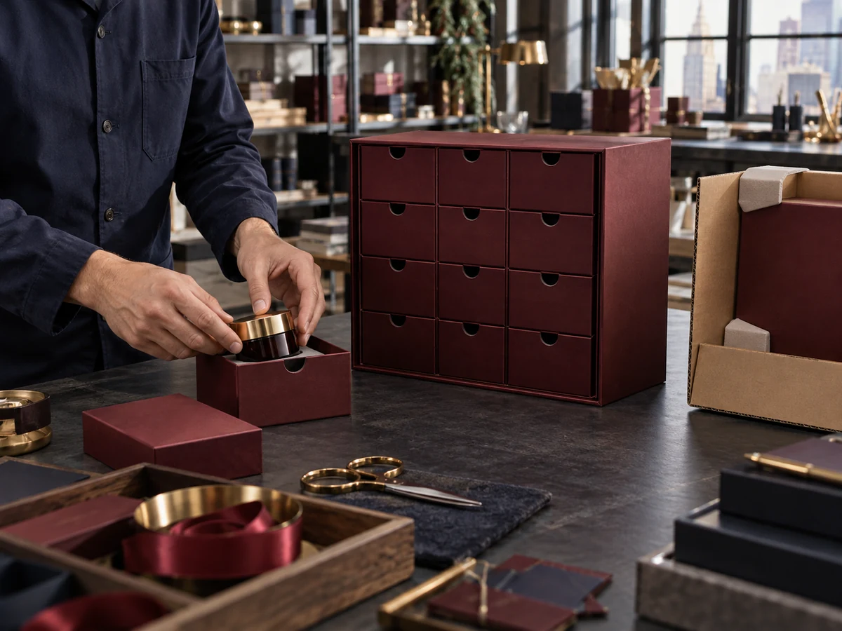Packaging technician checking a cosmetic jar in an advent calendar drawer beside a protective outer carton