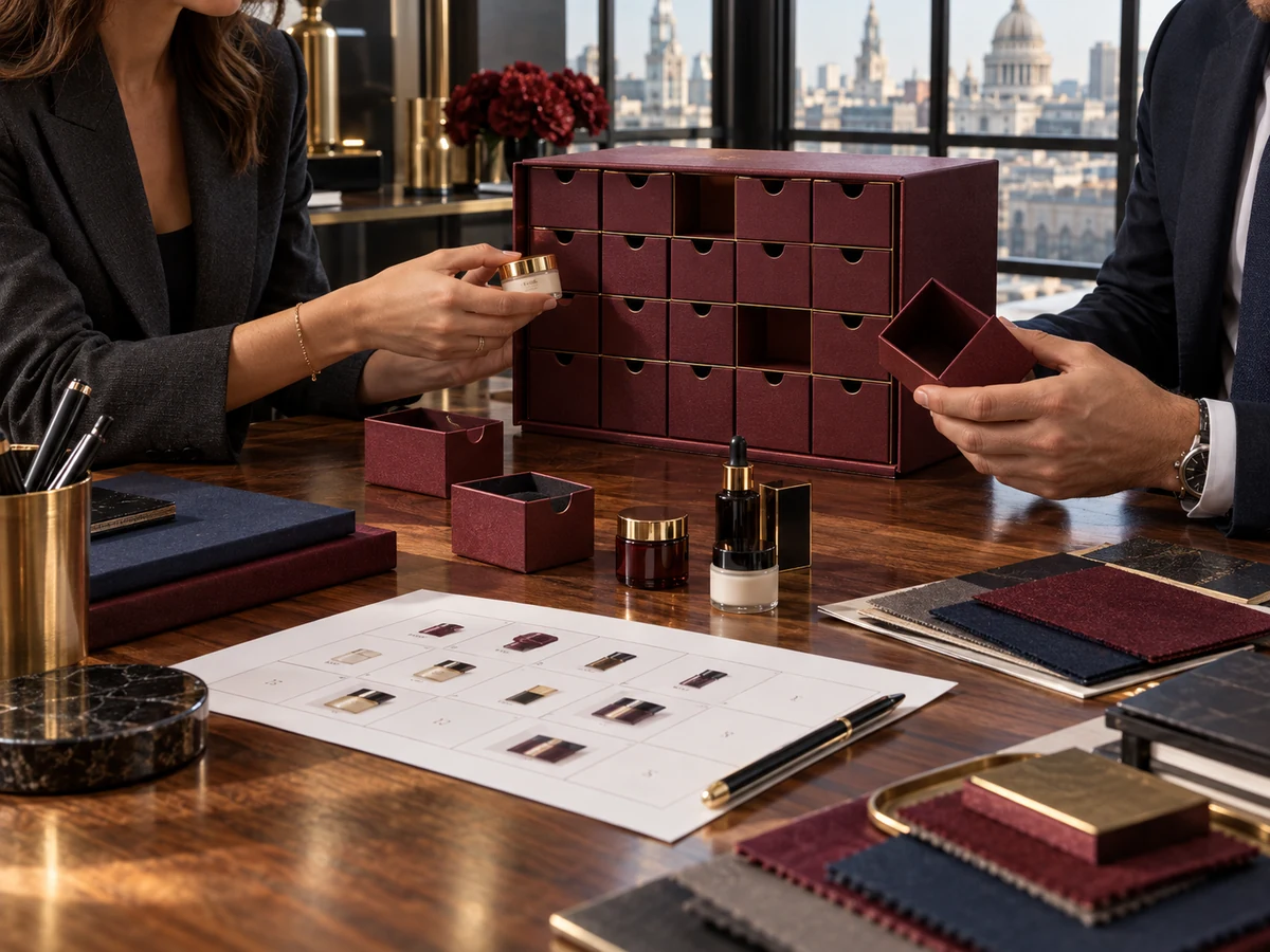 Brand buyers reviewing advent calendar compartments, product samples and material swatches in a design studio