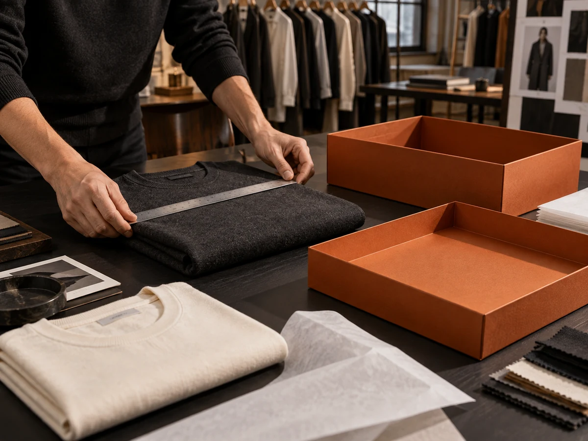 Fashion packaging buyer measuring folded knitwear beside apparel box samples of different depths