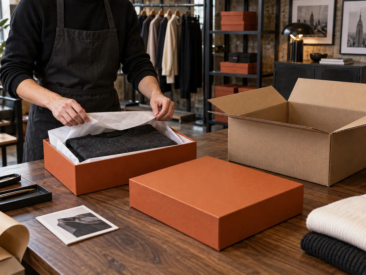 Staff member wrapping folded clothing in an orange gift box beside a corrugated shipping carton