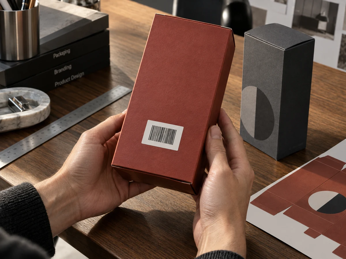 Designer checking an illustrative barcode area on the flat back panel of a brick-red folding carton