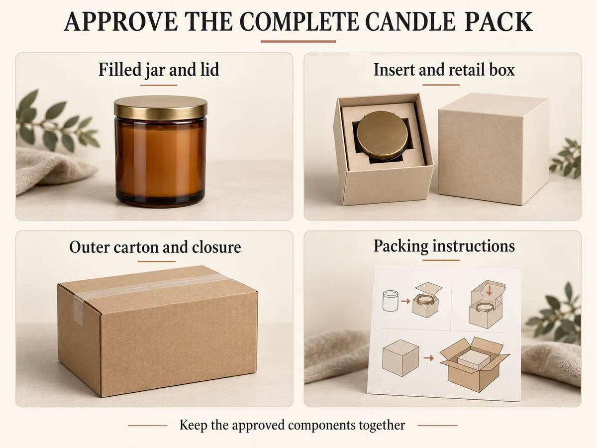 Approve the complete candle pack끼워 넣다 Candle packaging approval checklist showing filled jar, insert, retail box, outer carton and packing instructions
