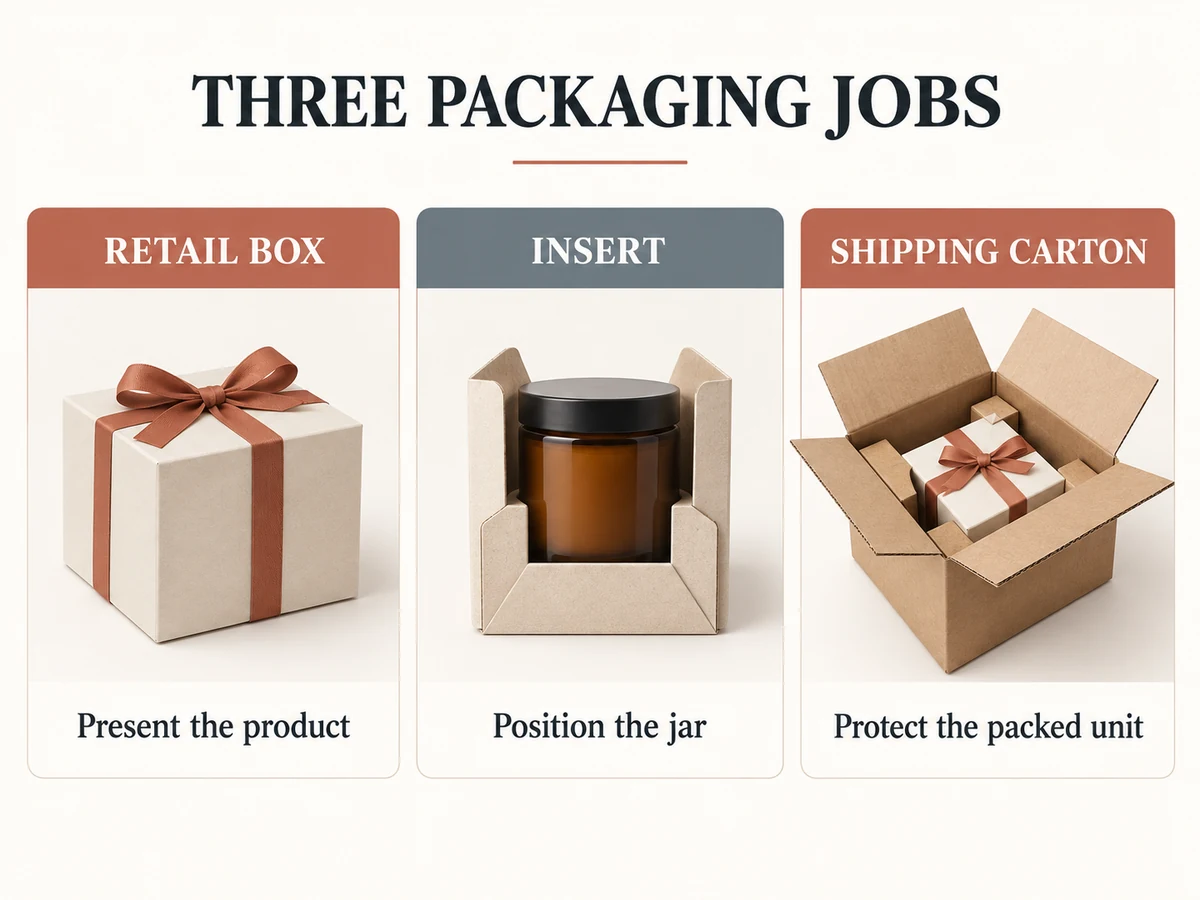 Three roles in a candle packaging system Diagram separating candle retail box presentation, insert positioning and shipping carton protection