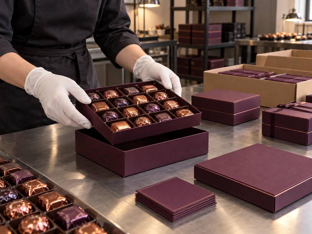 Chocolate box packing trial concept Gloved hands seating a tray of wrapped chocolates into a plum gift box at a packing table
