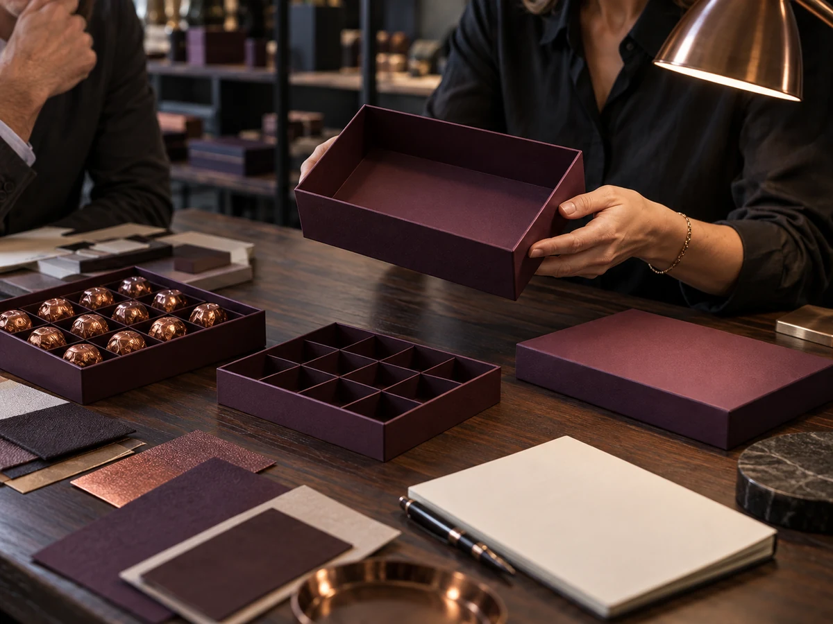 buyer reviewing rigid box tray and lid components at sample table