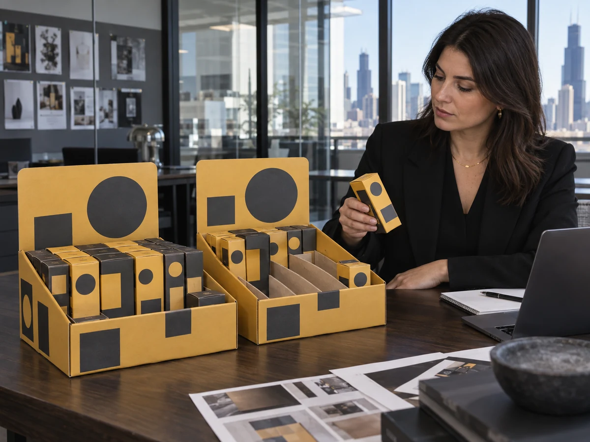 Merchandising buyer comparing a full countertop display with a partly empty tray during a product removal review