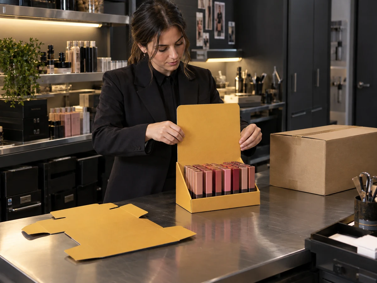 Store employee fitting a header onto an ochre paperboard display at a beauty retail preparation bench