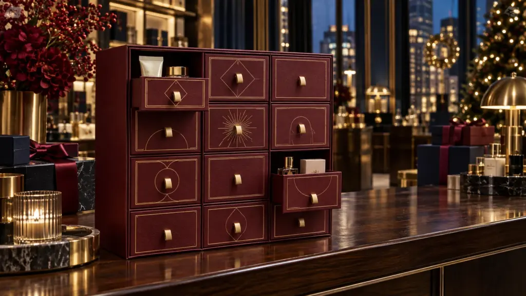 Custom advent calendar boxes in burgundy displayed in a luxury department store holiday setting