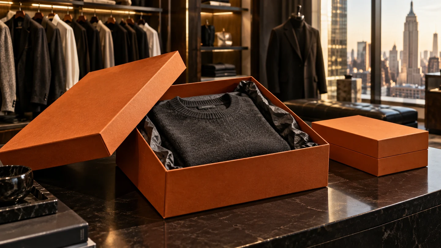Custom apparel boxes in burnt orange presenting folded knitwear on a luxury fashion boutique counter