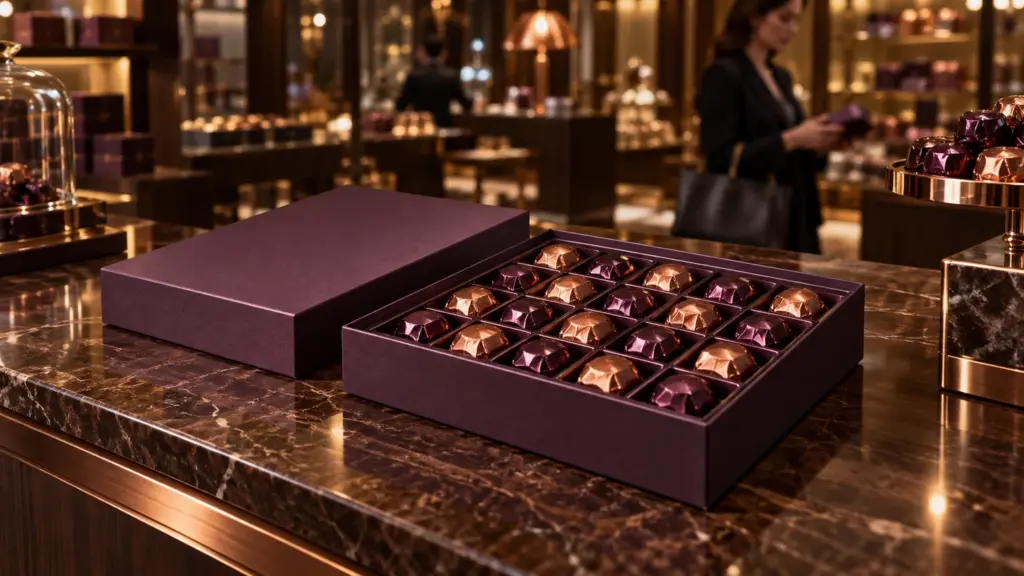 Plum custom chocolate boxes with copper-wrapped bonbons displayed in a premium chocolate boutique