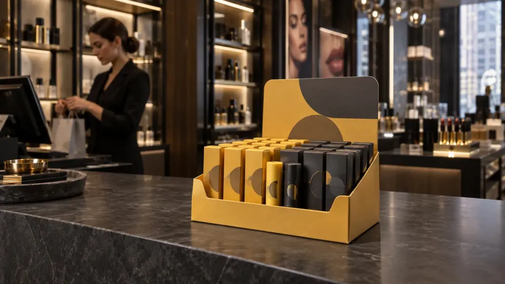 Ochre custom countertop display boxes presenting small cosmetic cartons on a premium beauty store counter