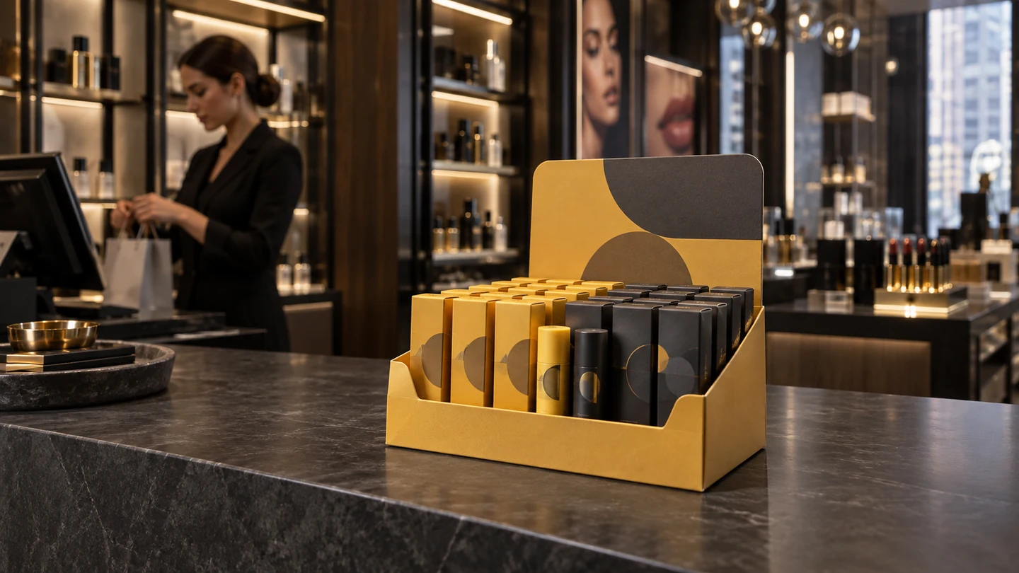Ochre custom countertop display boxes presenting small cosmetic cartons on a premium beauty store counter