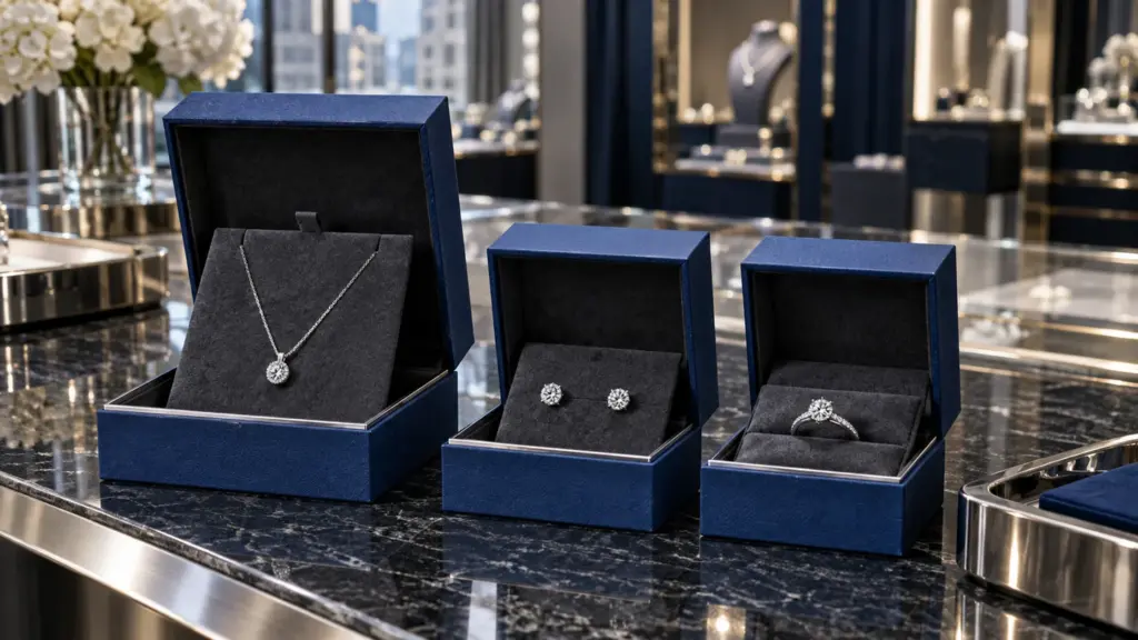 Custom jewelry boxes in sapphire blue displaying a necklace, earrings and ring in a luxury boutique