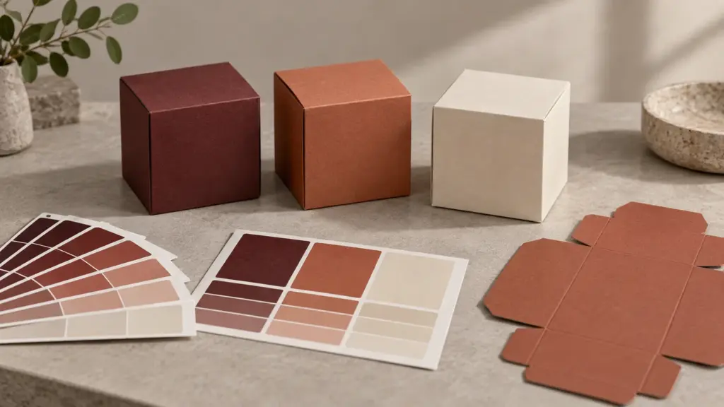 Custom packaging color matching review with printed boxes and physical color swatches