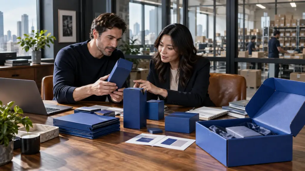 Buyers planning custom packaging reorders with cobalt blue box samples in a brand operations office