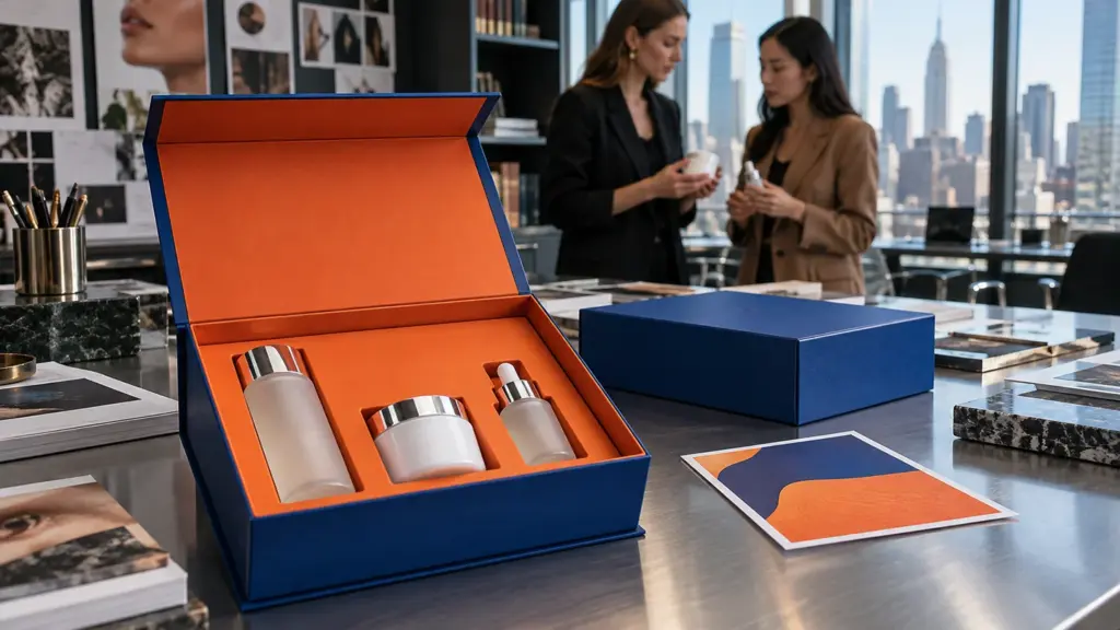 Cobalt-blue custom PR boxes with skincare products on a brand launch planning table