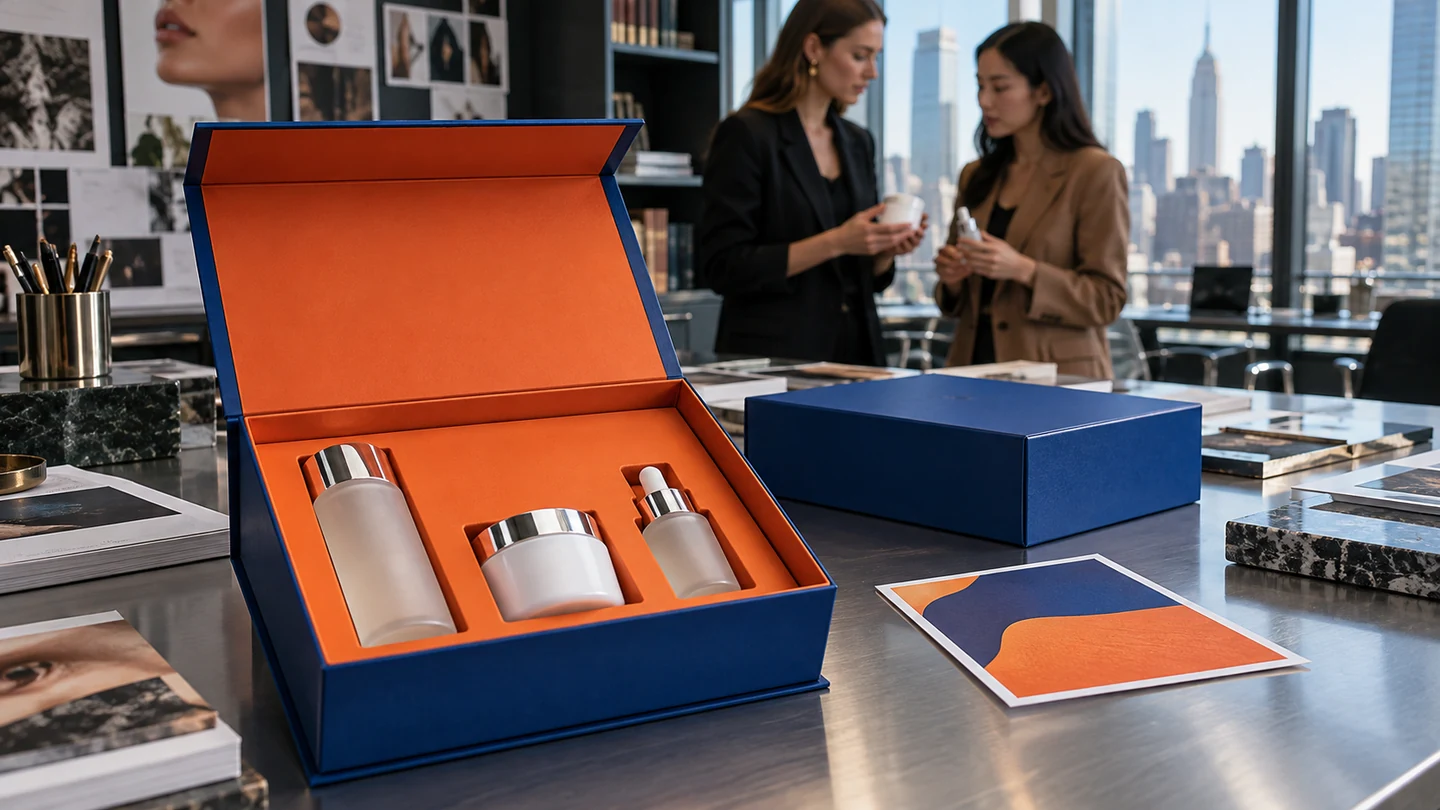PR box launch planning concept Cobalt-blue custom PR boxes with skincare products on a brand launch planning table