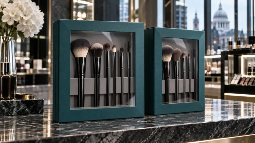 Custom window boxes in deep teal displaying cosmetic brush sets on a premium retail counter