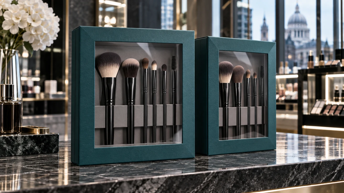 Custom window boxes in deep teal displaying cosmetic brush sets on a premium retail counter