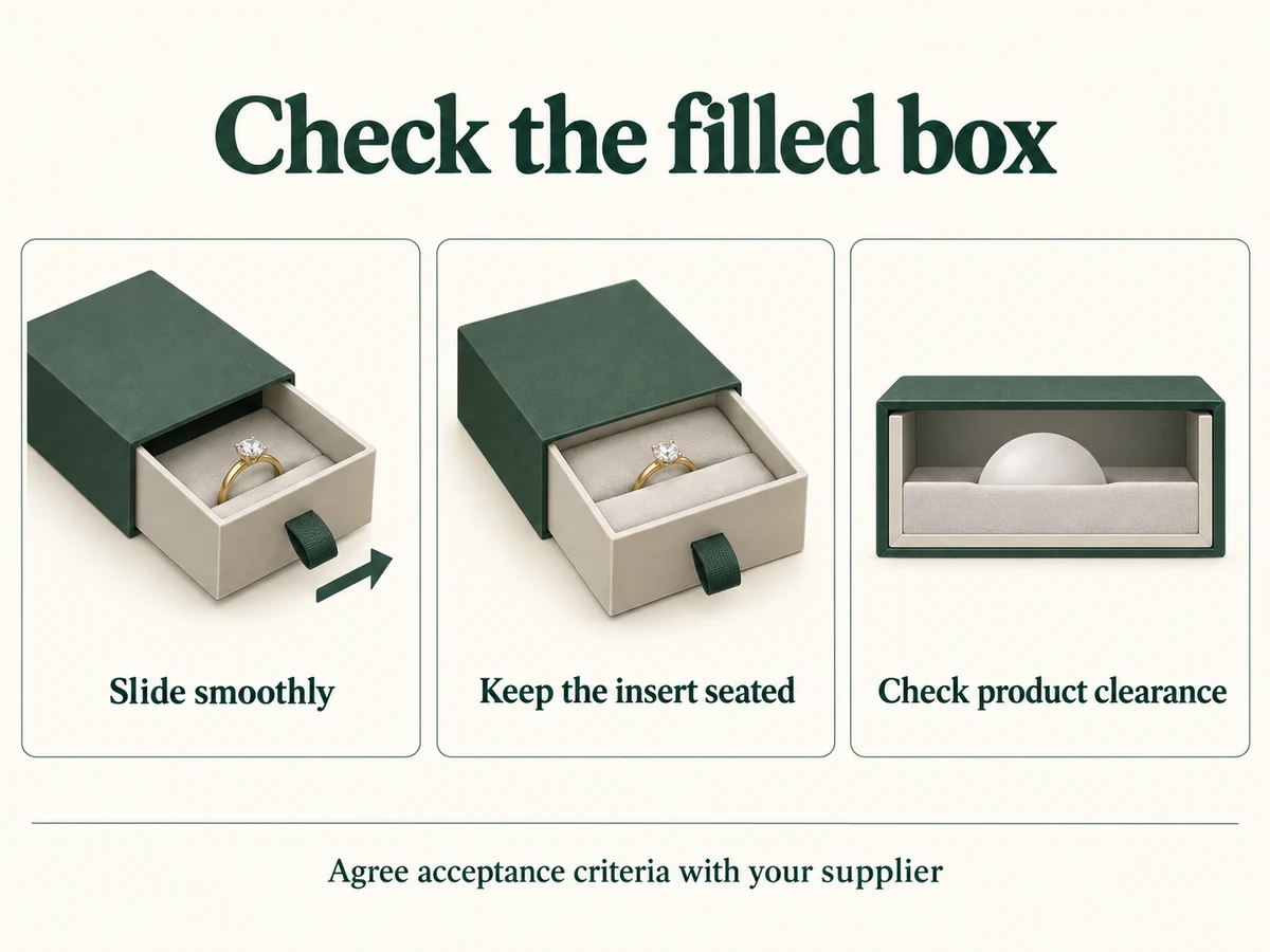 drawer box fit checks including slide smoothness insert seating and product clearance