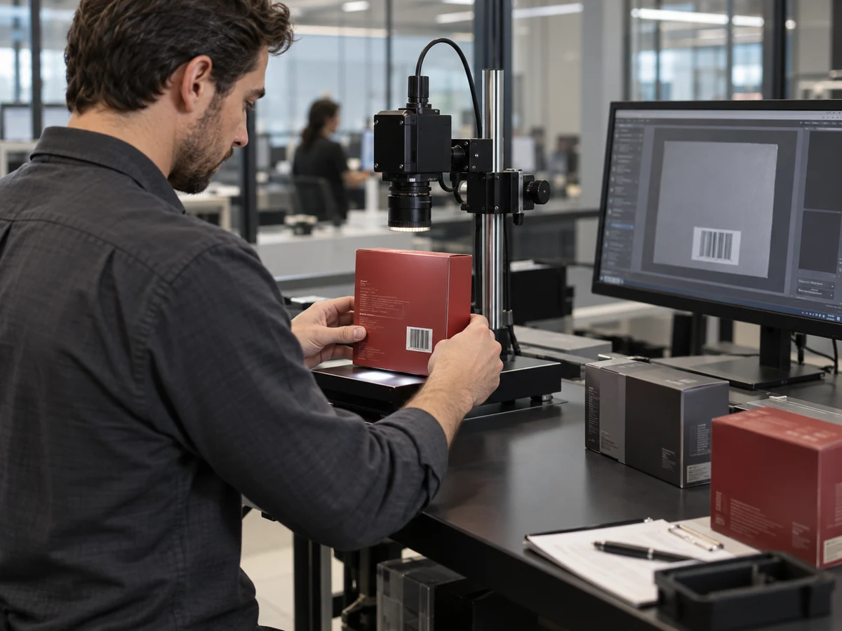 Staff member preparing finished retail cartons at an optical inspection workstation