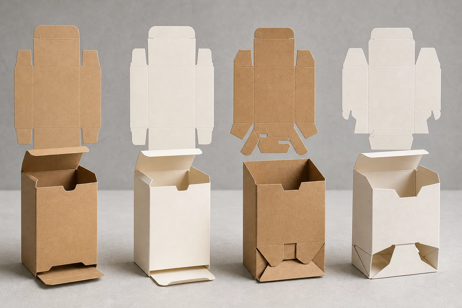 Kraft and bleached white folding cartons shown beside their flat unfolded blanks