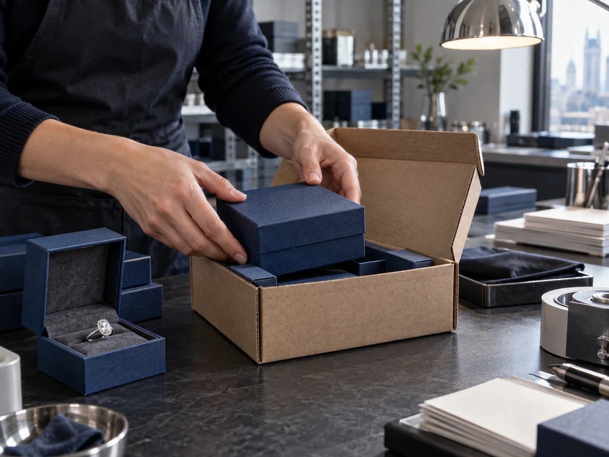 Worker placing a blue jewelry gift box into a supported corrugated mailer at a premium brand packing station