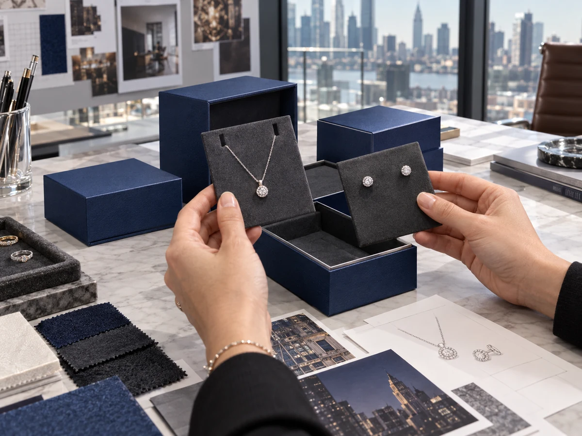 Buyer comparing grey necklace and earring insert cards beside navy rigid jewelry boxes and material swatches