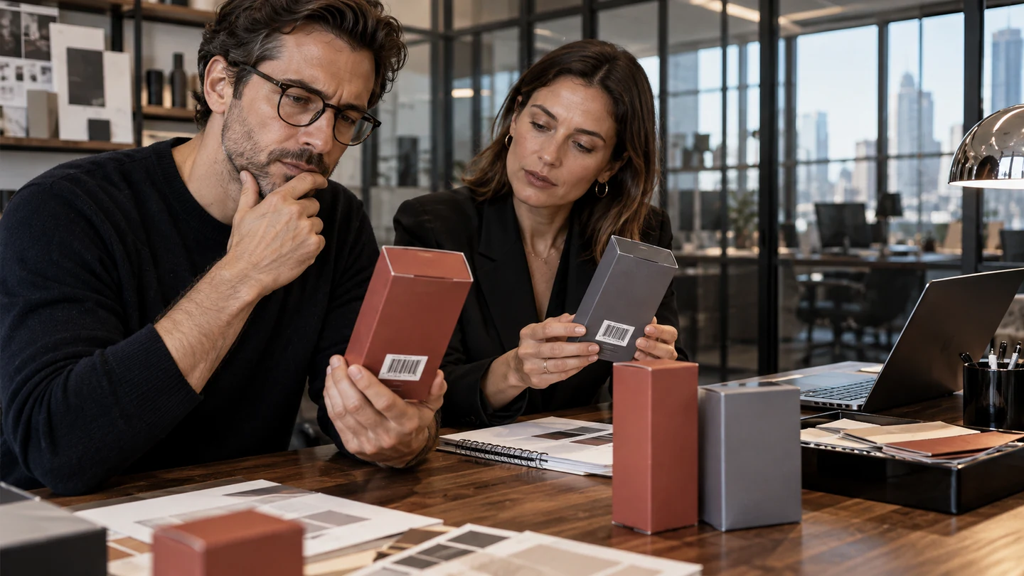 Packaging buyers reviewing barcode areas on brick-red and slate-gray retail cartons in a design studio