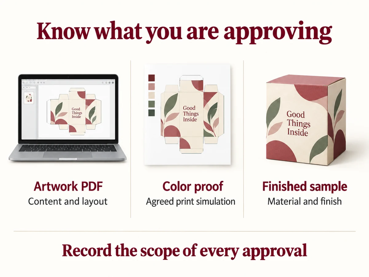 three packaging proof stages from artwork PDF to color proof to finished sample