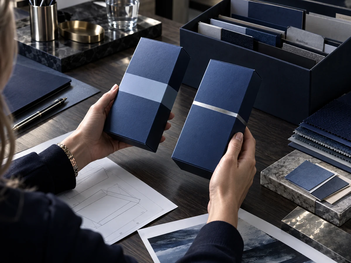 Buyer comparing two cobalt blue carton artwork versions beside archived reference samples