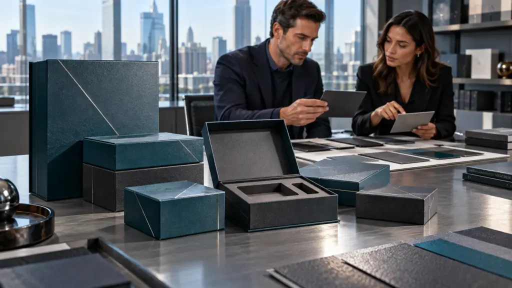 Buyers reviewing teal and charcoal packaging surfaces in a contemporary brand meeting room