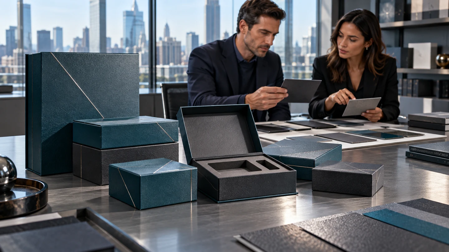 Packaging surface review concept Buyers reviewing teal and charcoal packaging surfaces in a contemporary brand meeting room