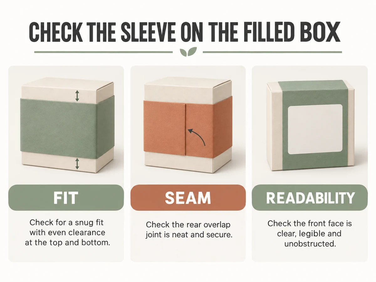Packaging sleeve inspection illustration showing fit, overlap seam and readable front panel