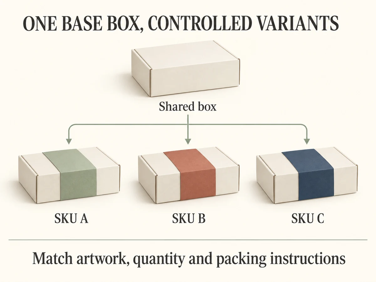 One shared base box shown with three sleeve variants labeled SKU A, SKU B and SKU C