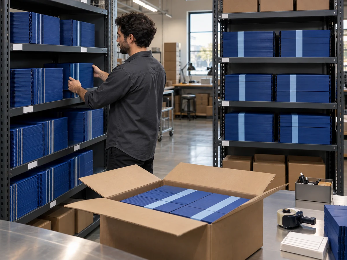 Fulfillment coordinator keeping two blue carton versions in separate warehouse shelf bays