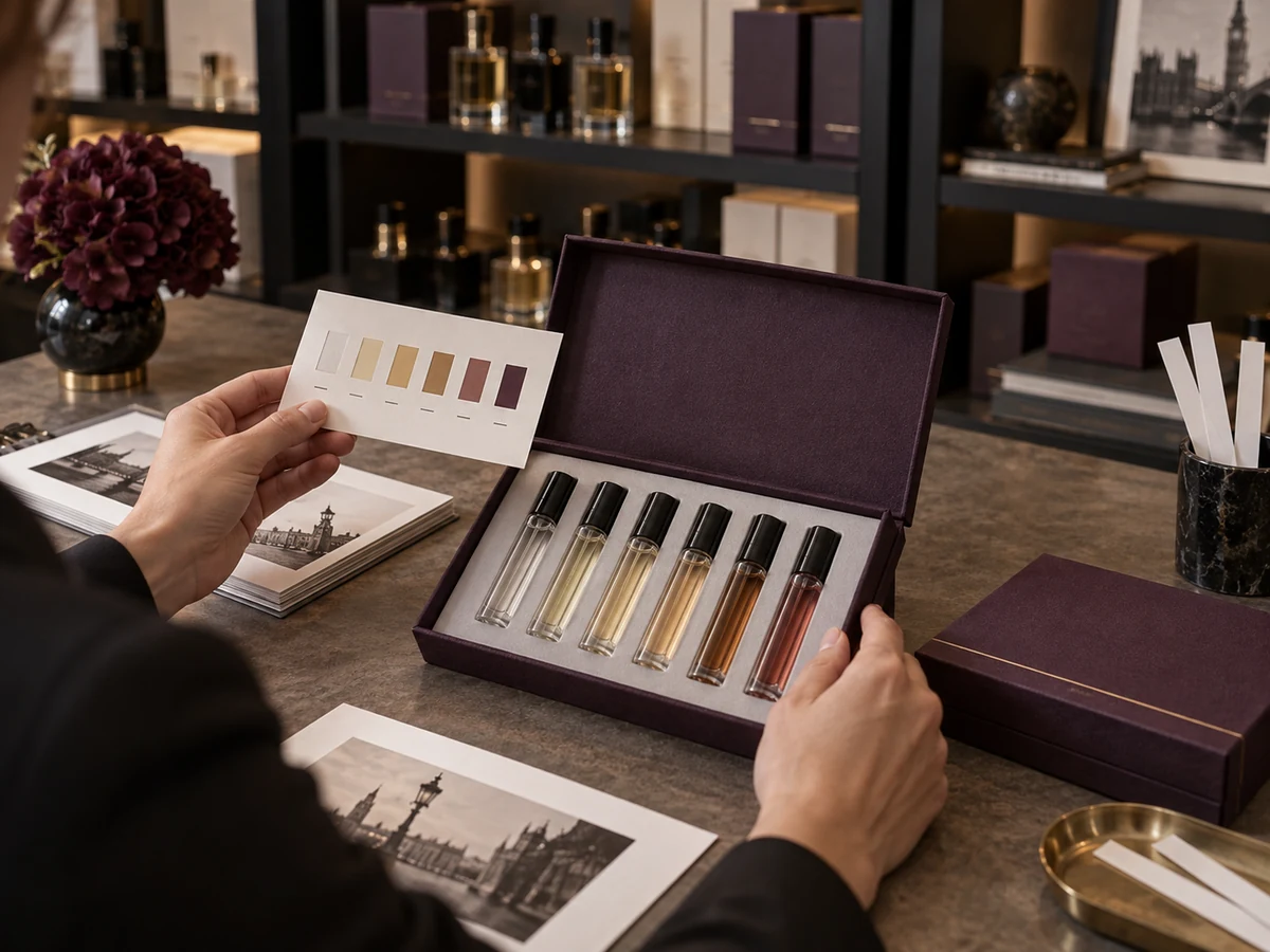 Fragrance brand staff comparing a discovery set layout with an assortment reference card at a packing table